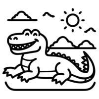 Cheerful alligator smiles under sunny skies, lounging near clouds, all in outline style vector