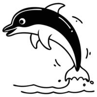 Bold black outline captures the dolphin leaping gracefully from the simplified ocean waves vector