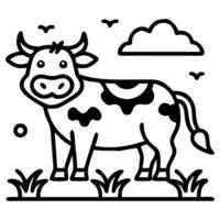 The outline of a whimsical spotted cow is standing in a grassy field icon vector