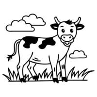 Cartoonstyle spotted cow stands smiling happily in the grassy pasture beneath fluffy clouds vector
