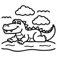 Smiling cartoon alligator rests beside water under puffy clouds in black outline drawing vector
