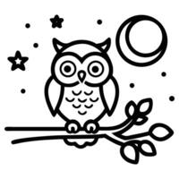 Minimalist owl sits on branch near moon and stars in monochrome vector