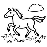 Running horse outlined gallops through grassy field under cloud on a transparent background vector
