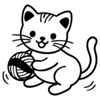 Happy monochrome kitten plays, gently tossing a yarn ball in the air, isolated vector