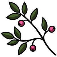 Stylized Sprig Green Leaves and Pink Berries on White Background vector