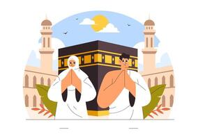 Umrah Journey Art Depicting Worshippers Around the Kaaba in a Flat Style vector