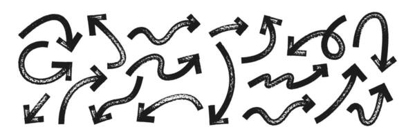Set of thick and squiggle arrows and pointers with brush, crayon or marker texture. Elements of navigation or direction. Black illustration isolated on a white background. vector