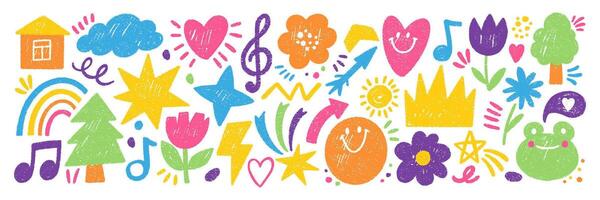 Set of playful elements with sun, music, rainbow and tree with crayon, pastel or chalk texture. Cute shapes for kids design. Doodle color illustration on a white background. vector