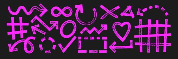 Set of geometric shapes with brush, crayon or marker texture. Arrow, heart, infinity and grid with sketch lines. Pink illustration on a blackboard. vector