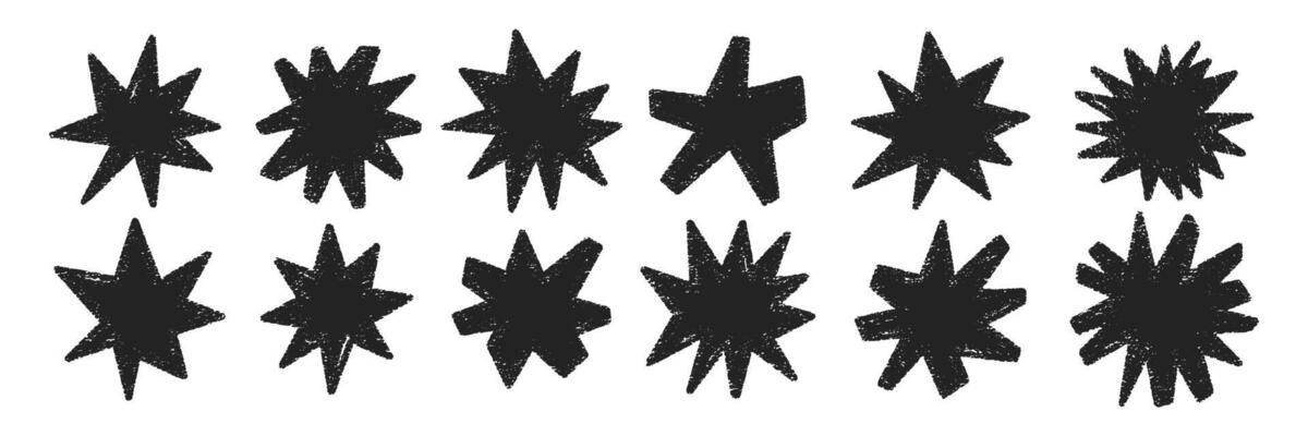 Set of doodle stars with crayon, chalk or pastel texture. Playful elements for kids design. Grunge black illustration on a white background.