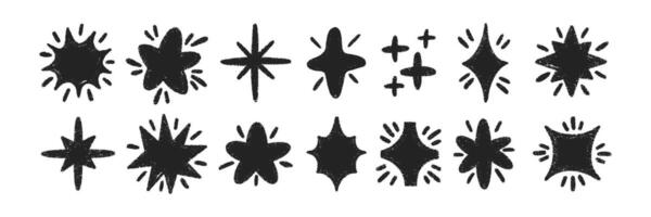 Set of doodle stars with twinkle and sparks with crayon, chalk or pastel texture. Playful elements for kids design. Grunge black illustration on a white background. vector
