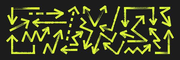Set of thick and zigzag arrows and pointers with brush, crayon or marker texture. Elements of navigation or direction. Yellow illustration on a blackboard. vector