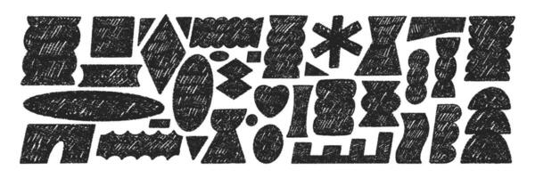 Set of various funky elements with abstract geometric shapes. Rectangle, circle, oval and heart with crayon, chalk or pastel texture. Hand drawn illustration. vector