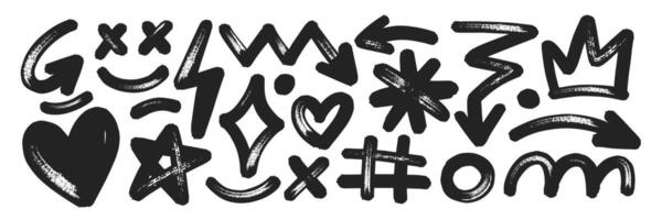 Set of hand drawn elements with brush, marker or crayon texture. Grunge arrow, lightning, star and crown for design. Black illustration isolated on a white background. vector