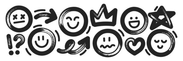 Set of emoji with brush, marker or crayon texture. Sad, happy, smile and angry emoticon for design. Black illustration isolated on a white background. vector