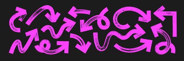 Set of thick and curve arrows and pointers with brush, crayon or marker texture. Elements of navigation or direction. Pink illustration isolated on a white background. vector