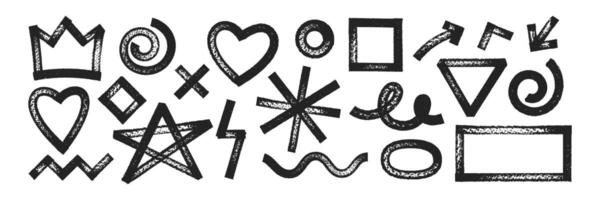 Set of geometric shapes with brush, crayon or marker texture. Crown, heart, star and rectangle with sketch lines. Black illustration isolated on a white background. vector