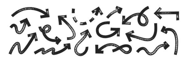 Set of hand drawn arrows and pointers with brush, crayon or marker texture. Elements of navigation or direction. Black illustration isolated on a white background. vector