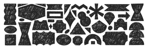 Set of playful elements with abstract geometric shapes. Rectangle, circle, oval and zigzag with crayon, chalk or pastel texture. Hand drawn illustration. vector
