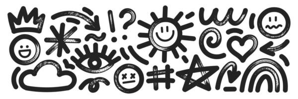 Set of hand drawn elements with brush, marker or crayon texture. Grunge cloud, sun, rainbow and eye for design. Black illustration isolated on a white background. vector