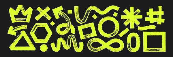 Set of geometric shapes with brush, crayon or marker texture. Crown, heart, infinity and rectangle with sketch lines. Yellow illustration on a blackboard. vector