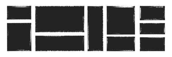 Set of grunge text boxes with brush, crayon or pastel texture. Rough rectangle elements for highlights. Black illustration isolated on a white background. vector