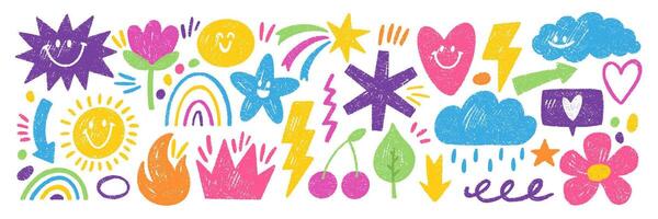 Set of playful elements with sun, star, rainbow and flower with crayon, pastel or chalk texture. Cute shapes for kids design. Doodle color illustration on a white background. vector