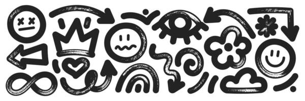 Set of arrows, eye and flower with brush, marker or crayon texture. Sad, happy and angry emoticon for design. Black illustration isolated on a white background. vector