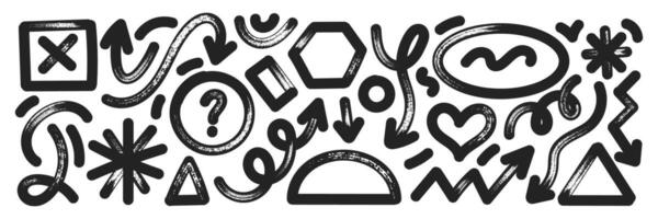 Set of hand drawn elements with brush, marker or crayon texture. Grunge arrow, oval, heart and rectangle for design. Black illustration isolated on a white background. vector