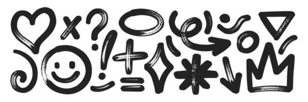 Set of hand drawn elements with brush, marker or crayon texture. Grunge heart, cross, emoji and asterisk for design. Black illustration isolated on a white background. vector