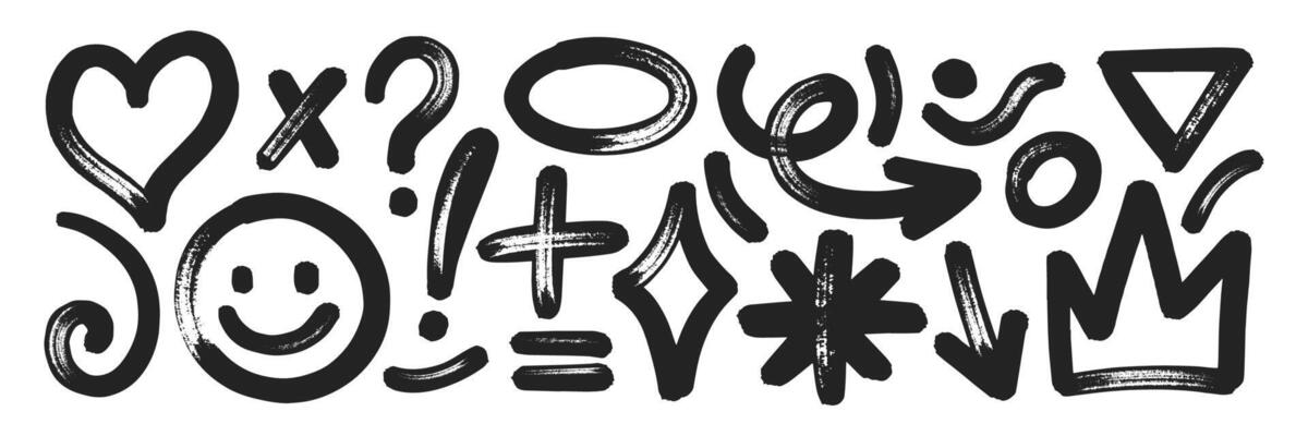 Set of hand drawn elements with brush, marker or crayon texture. Grunge heart, cross, emoji and asterisk for design. Black illustration isolated on a white background.