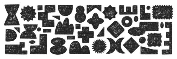 Set of y2k elements with abstract geometric shapes. Rectangle, circle and heart with crayon, chalk or pastel texture. Hand drawn illustration. vector