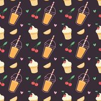 Cute Seamless Summer Pattern with Ice Cream, Juice and Fruits on Dark Background vector