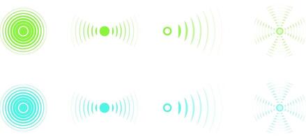 Set of radar icon in green and blue tones. Sonar sound waves icon. Signal concentric circles. Sonar wave and echo sounding symbol isolated on transparent background. vector