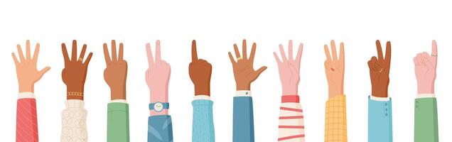 Cartoon hands in a flat style show finger counts from zero to five set. Illustrating people with diverse gestures and sleeves, this isolated set provides educational elements for visual aids. vector