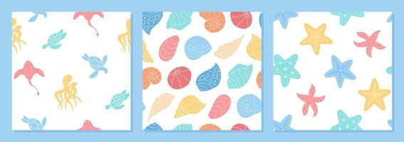 Underwater seamless pattern set in flat cartoon graphic style. Starfish, shells, and marine life form a playful aquatic theme. Ocean design with seamless texture, perfect for summer backgrounds or vector