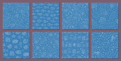Seamless underwater pattern set with ocean and marine life in doodle outline style. Coral, shells, and aquatic shapes form a cartoon design. Perfect for ocean backgrounds creative projects. vector