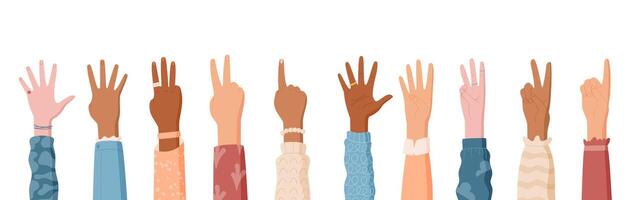 Cartoon hand count gestures set in flat style. Clothed hands use fingers to count and show numbers. People express with palm and arm in isolated layout. Great for math educational materials. vector