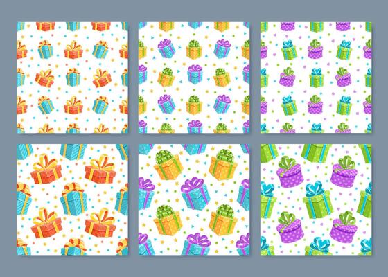 Cartoon gift box seamless pattern set. A cute collection of presents with ribbons and bows creates a fun birthday or holiday background. This lively design is perfect for party themes, surprise
