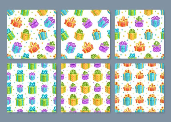 Cute and colorful cartoon gift box seamless pattern. Set of present backgrounds with ribbons, bows, and festive decor. Bright aesthetic for birthdays, lively celebrations, cheerful events.
