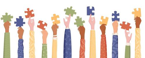 Multicultural hands hold jigsaw puzzle pieces. Diverse group work together for charity and teamwork. Volunteer concept with colorful raised hands, symbolizing aid and social unity. Flat style, vector