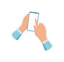 Sticker of hand holding phone. Illustration of a user interacting with a smartphone screen. Digital device engagement, touch technology, mobile application template usage. vector