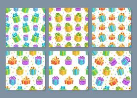 Cartoon gift box seamless pattern set in colorful wrapping. Present with ribbon and bow in flat style. Ideal for birthday celebration and festive events. vector