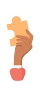 Hand holding a puzzle piece. Human character exchanges a puzzle item. Teamwork concept in cartoon graphic style, ideal for graphic use in presentations or educational materials. vector