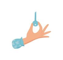 Hand holding key sticker. Female hand performs a gesture to transfer the key. Icon of exchange, cartoon graphic style, suitable for various applications in digital or print media. vector