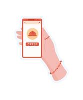 Sticker shows a hand holding a phone. The mobile device displays an app for order and delivery. Digital gesture of user interaction with technology, flat illustration for online service promotion. vector