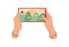 Mobile phone in hands. Hands gripping a smartphone screen with a gaming app open. User enjoys fun game experience on the touchscreen, cartoon graphic style, playful concept, ideal for social media vector
