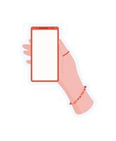 Sticker of a hand holding a smartphone. Illustration of palm grasping mobile device with blank screen. Digital template for social media, online communication, and media applications. vector