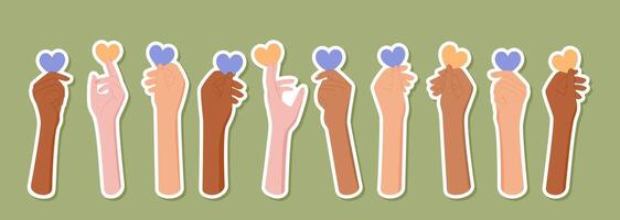 Flat colorful set of diverse bare hands hold heart shapes in unified gesture sticker. Multicultural arms with stickers symbolize hope and love across people. Background art inspires solidarity. vector