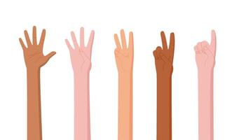 Cartoon hand count gestures display numbers in a flat style set. Various bare arms and fingers illustrate character actions. Palm and people icons form a playful set. Ideal for educational preschool vector